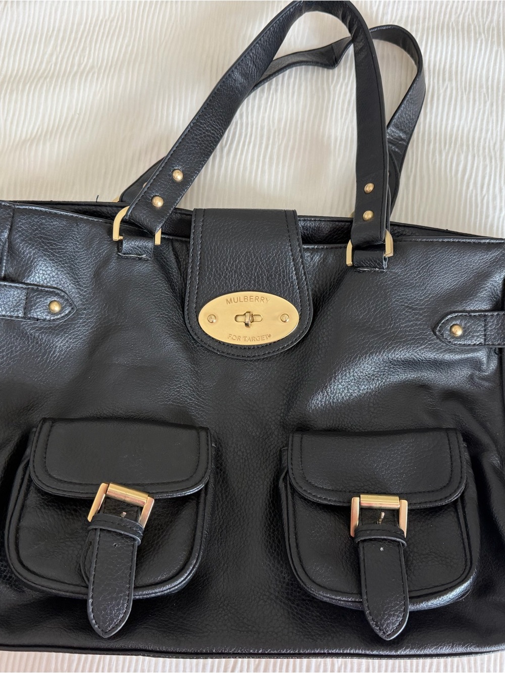 Mulberry Black Leather Tote with Gold Hardware and Front Pockets